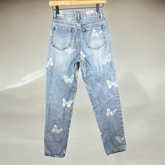PacSun Butterfly Print ultra high rise slim Light Wash Blue Jeans 24in - Picture 2 of 11